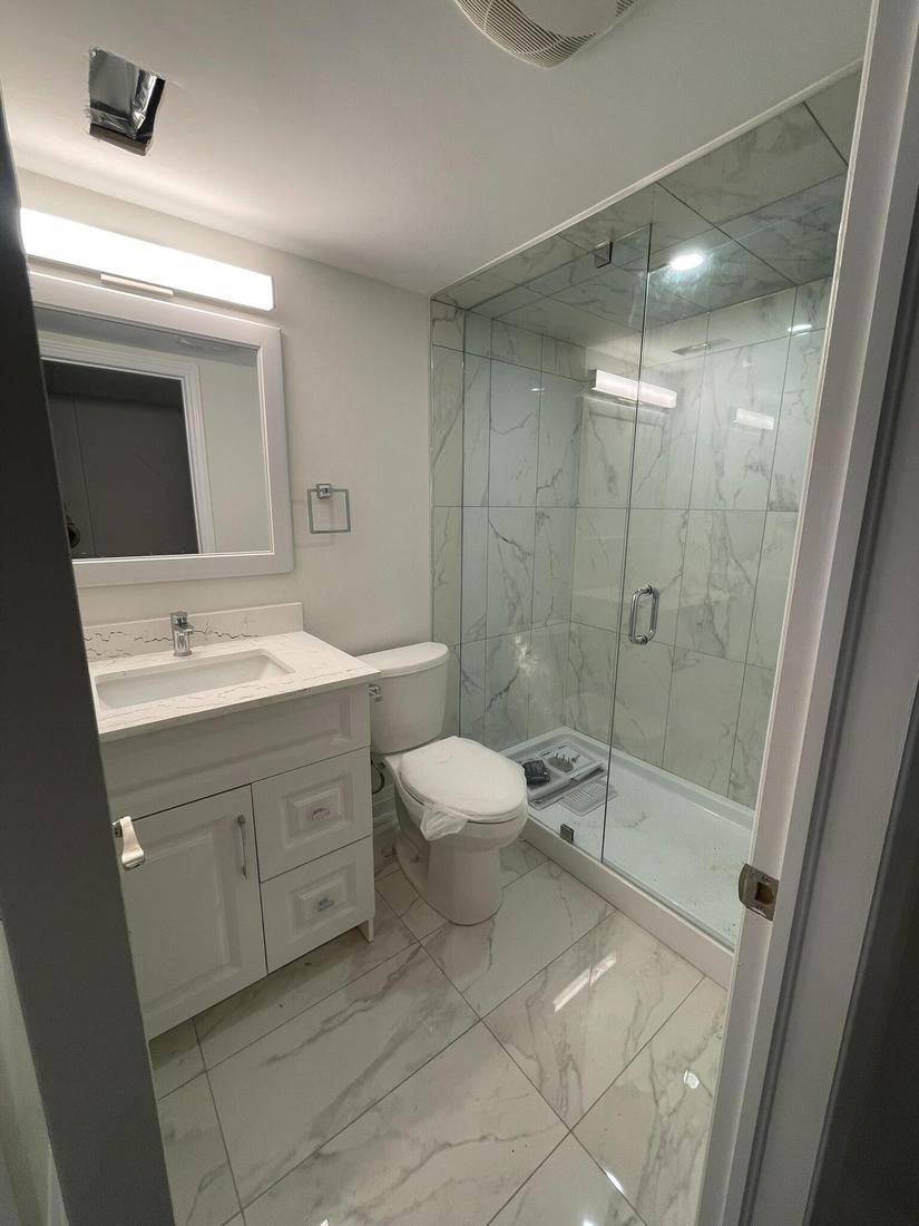 Complete bathroom renovation with custom vanity, tiled shower, frameless glass, and modern fixtures.