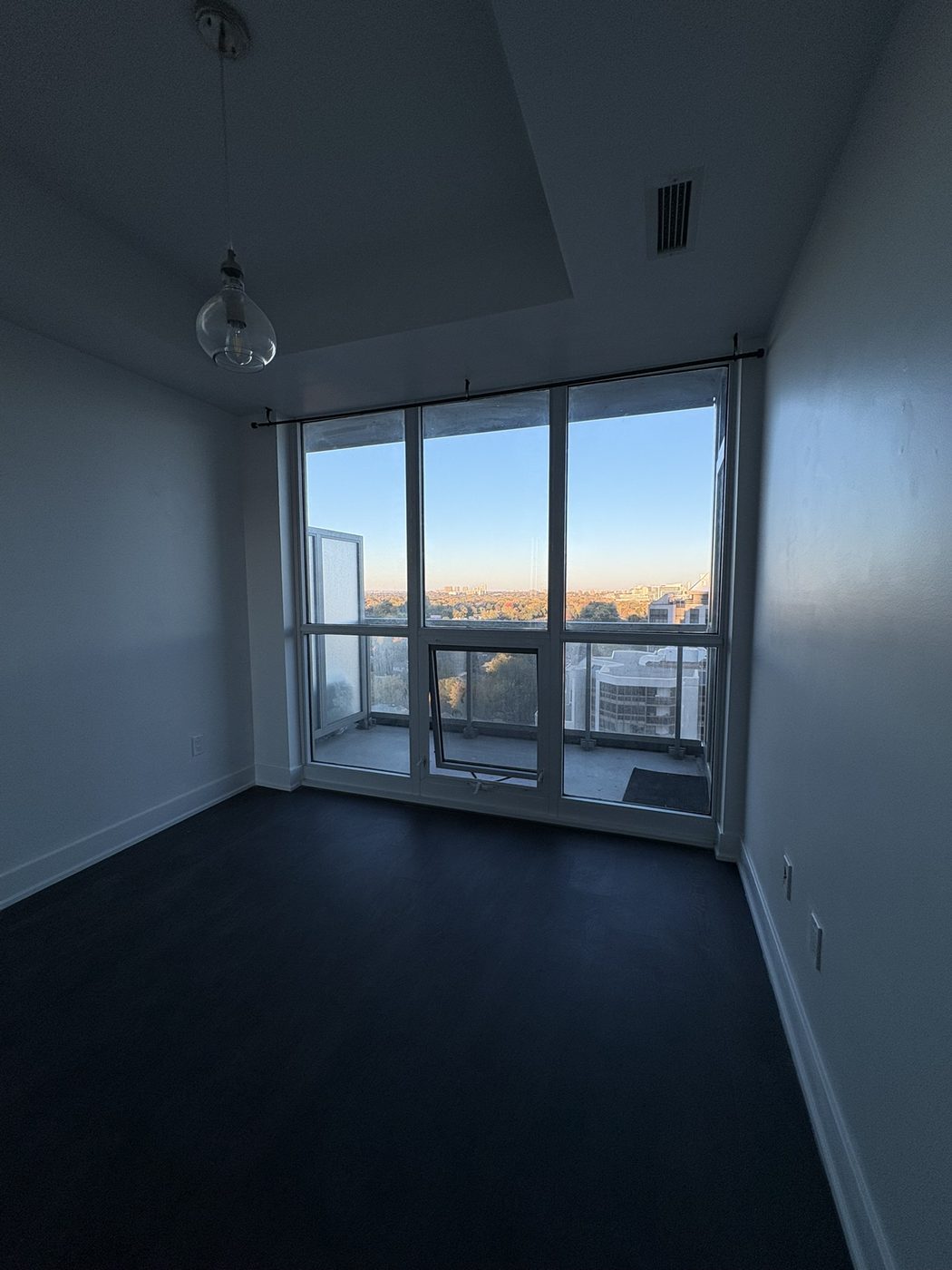 Rich dark hardwood flooring installed in a bright, light-filled condo suite.